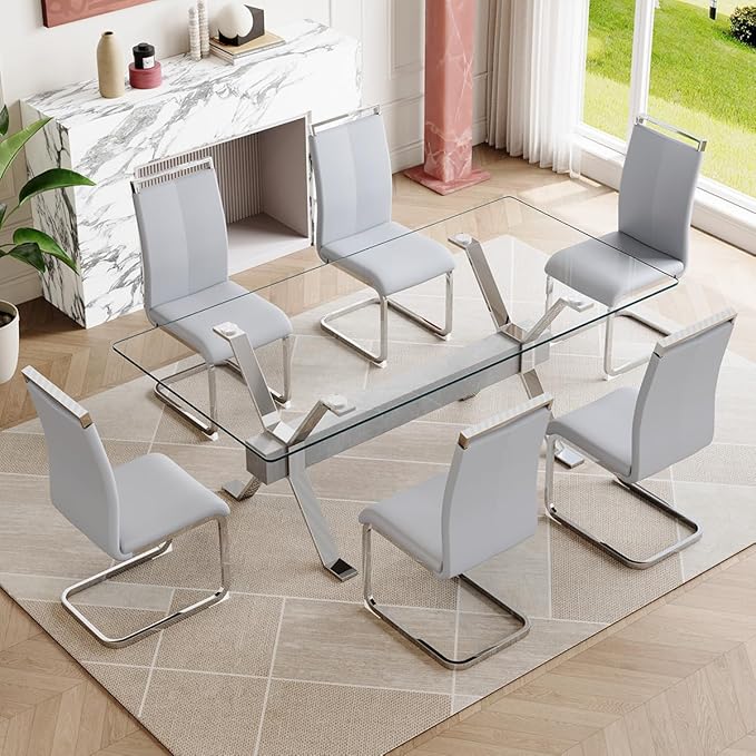 7 Piece Glass Dining Table Set, Kitchen Table Chairs Set for 6, 71'' Dining Table with 0.4" Tempered Glass Tabletop with Plated Metal Legs and MDF Crossbar, 6 PU Chairs for Dining Room, Kitchen.