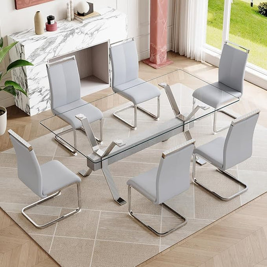 7 Piece Glass Dining Table Set, Kitchen Table Chairs Set for 6, 71'' Dining Table with 0.4" Tempered Glass Tabletop with Plated Metal Legs and MDF Crossbar, 6 PU Chairs for Dining Room, Kitchen.