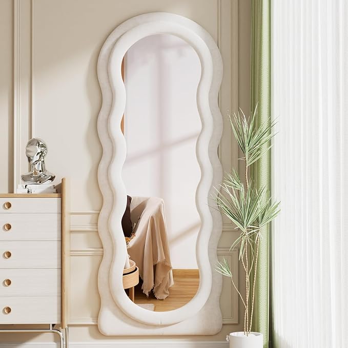 Full Length Mirror, 63"x24" Wavy Floor Mirror, Arched Standing Mirrors Full Length, Cloud Shaped Flannel Wall Mirror, Dressing Body Mirrors Hanging or Leaning Against Wall for Bedroom (White)