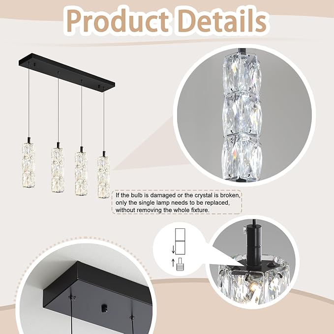 Dining Room Light Fixture 4-Light Black Kitchen Island Lighting Industrial Linear Chandeliers for Dining Room Pendant Light Fixture for Living Room Hallway Bedroom 2700K-6000K