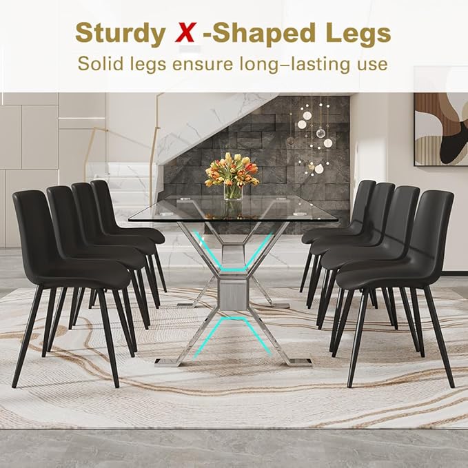 71'' Glass Dining Table Set for 8,9 Piece Dining Table Set with Tempered Glass Tabletop and Open‑Frame X‑Shaped Metal Base,Kitchen Table and Chairs Ideal for Dining Room&Home Office