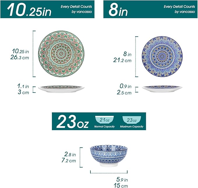vancasso Mandala 12 Pieces Dinnerware Sets, Porcelain Dinner Set for 4, Boho Plates and Bowls Set, Colorful Dish Sets