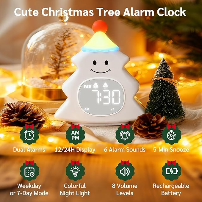 Yiliaw Kids Alarm Clock with Night Light, Christmas Tree Wake Up Clock, Rechargeable Cute Alarm Clock for Bedroom, for Boys and Girls, White