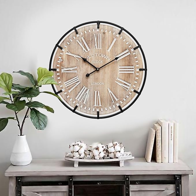 20 Inch Large Farmhouse Wall Clock, Rustic Antique Wood with Metal Circle and Large Engraved Numerals, Silent Battery Operated Wall Clock for Office Kitchen Bedroom Living Room