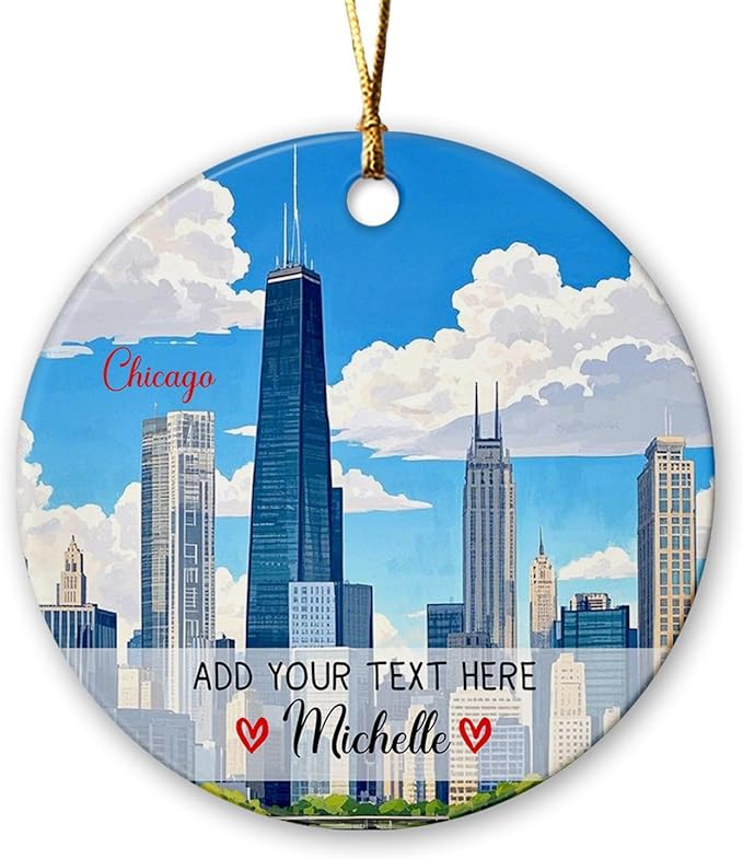 Chicago IL US Travel Souvenir Ceramic Ornament Christmas 2025, Personalized Chicago City Skyline IL Ornament for Xmas Tree Hanging, Custom Text/Name Illinois Travel Xmas Ornaments Gifts for Men Women
