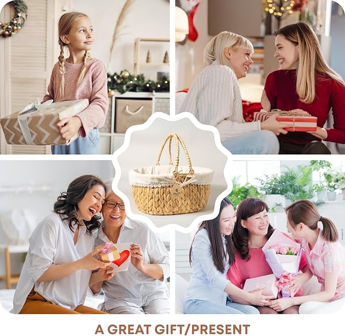 Wicker Basket with Handles and Lining, Handwoven Water Hyacinth Picnic Hamper, Oval Basket for Camping, Outdoor, Fruit, Wine, Thanksgiving day, Birthday, Easter, Gift, Home Decor