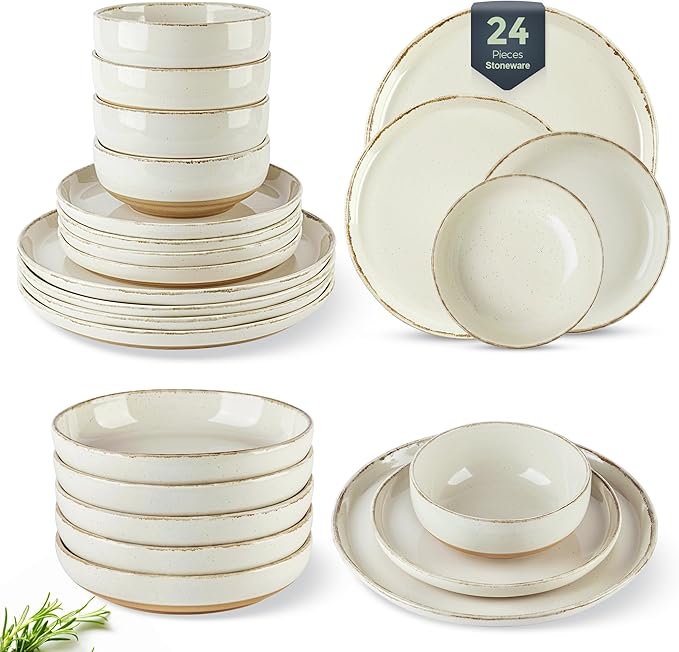 AmorArc 24 Pieces Ceramic Dinnerware Sets for 6, Handpainted Plates and Bowls Set with Rustic Terracotta Underside, Scratch Resistant Stoneware Dishes Set, Dishwasher & Microwave Safe, Light Beige