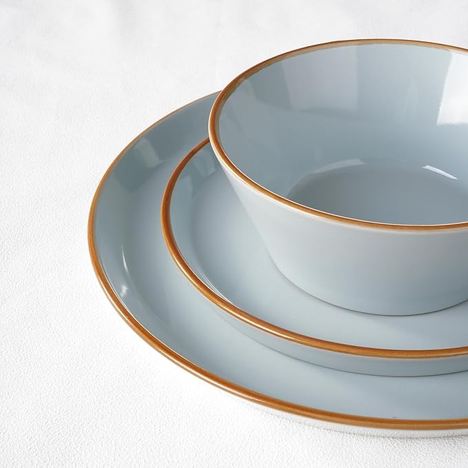 Famiware Saturn Dinnerware Sets, Plates and Bowls Sets for 4, 12 Pieces Stoneware Dish Set - Chip and Scratch Resistant, Microwave and Dishwasher Safe Tableware Set, Light Blue with Rim