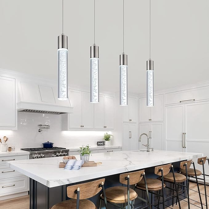 3 Pack Mini Pendant Light,Satin Nickel Kitchen Lighting with Led Bulb, Updated 3D Generation Preminum Bubble Chandelier Light Fixture for Kitchen,Dining Room,Living Room,Corridor……