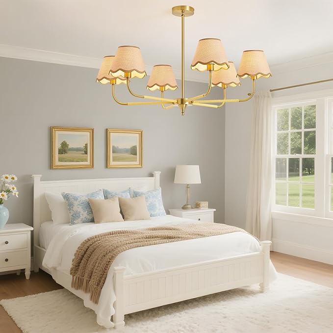 6-Light Boho Rattan Chandelier for Dining Room,37" Farmhouse Chandeliers Light Fixture,Adjustable Height Hanging Pendant Lighting Fixtures for Kitchen Island,Large Hand-Woven Ceiling Lights