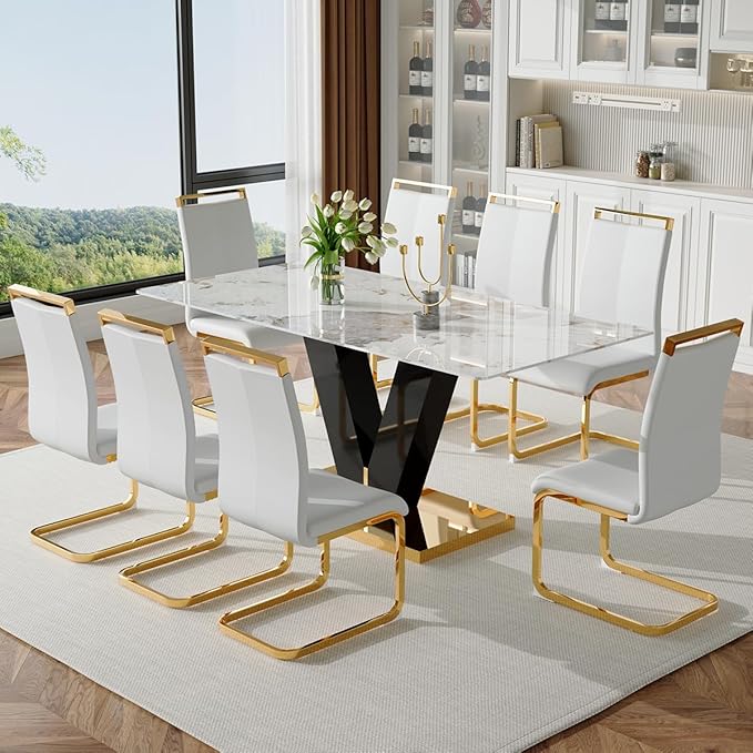 71'' Dining Table Set for 8,Marble Dining Table Set,Modern Kitchen Table with 8 PU Leather Chairs,Gold Dining Room Table Set with V-Shaped Black Glossy Pillars,Ideal for Kitchen Dining Room