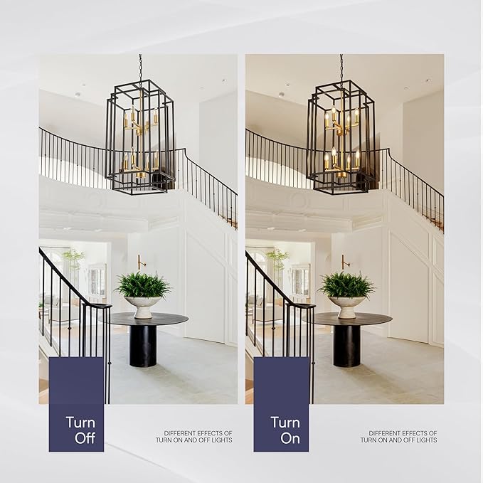 8-Light Lantern Tiered Pendant Light Fixtures, Black Metal Farmhouse Chandelier Hall Foyer Hanging Chandelier for Kitchen Island Dining Room Living Room Foyer Entryway, Black+Gold