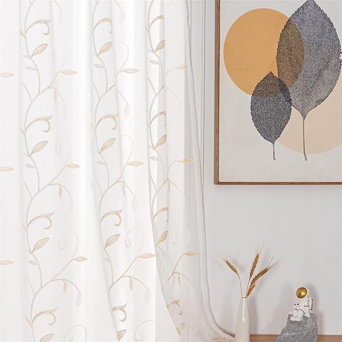VISIONTEX White Sheer Voile Curtains, Decorative Beige Leaves Embroidery Faux Linen Rod Pocket Window Drapes for Home Kitchen, Living Room and Bedroom 54 x 108 Inch, Set of 2 Curtain Panels