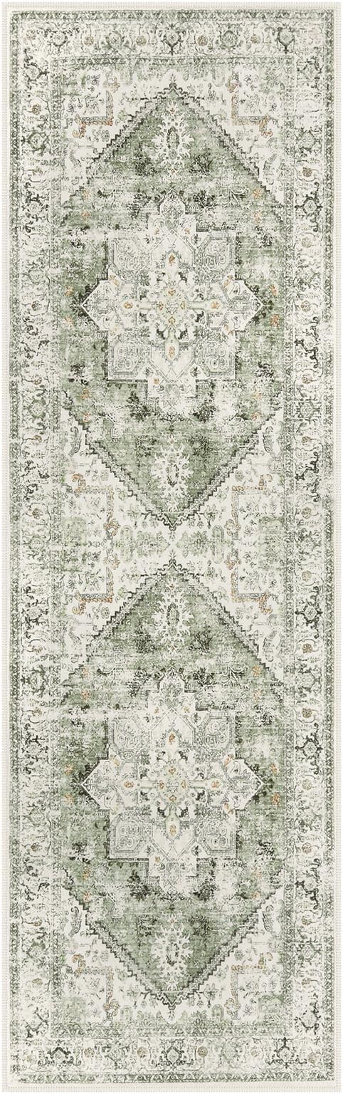 LIVEBOX Sage Green Runner Rug Non-Slip 2.5x8 - Oriental Bedroom Rugs Long Hallway Rugs for Home Decor, Low-Pile Vintage Carpet for Bathroom, Non-Slip Soft Carpet Throw Rug for Laundry Room