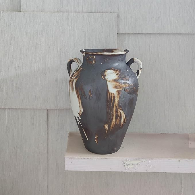 Black Pottery Vase - 10" Rustic Farmhouse vase, Vintage Weathered Terracotta Vases, Handmade Clay vases with Two Handles, Tall Textured Antique Vase for Home Decor, Entryway, Fireplace Mantel Decor