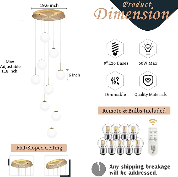 KoKo&Yukina 9-Light Globe Milky White Glass Pendant Light Adjustable Length Pendant Lights Modern Glass Globe Pendant Lights Gold Chandeliers Large Chandeliers for High Ceilings (Bulb & Remote Incl)