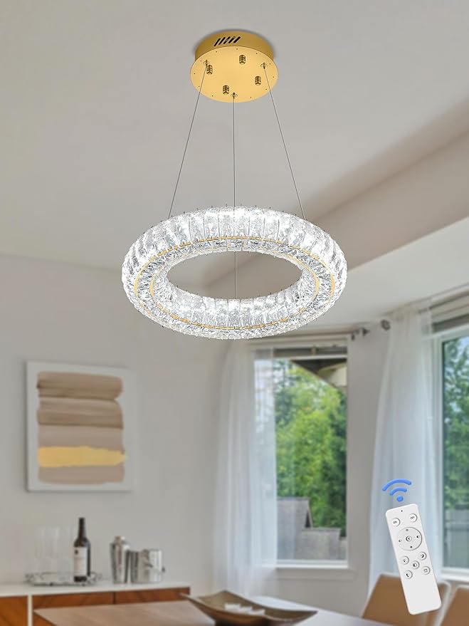 Modern Crystal Chandelier Dimmable LED 15.7" Gold Ring Pendant Light Adjustable Round Crystal Chandelier Light Fixtures for Dining Room Living Room