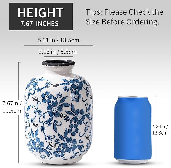 Blue and White Vintage Vase, Ceramic Chinoiserie Floral Vases, Round Farmhouse Rustic Large Flower Vase for Home Decor, Living Room, Office, Bookshelf, Grand Millennial Chinoiserie Decor 7.7 Inch