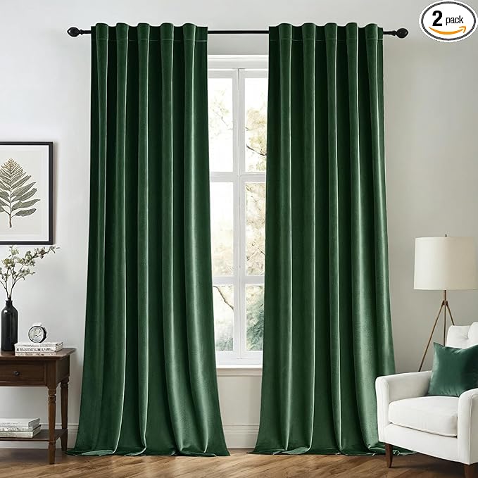 MIULEE Velvet Curtains 108 inches - Luxury Christmas Blackout Curtains for Bedroom Living Room Thermal Insulated Super Soft Window Drapes Back Tab, Hunter Green, W52 x L108 inches, 2 Panels