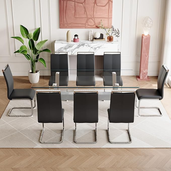 9 Piece Glass Dining Table Set, Kitchen Table Chairs Set for 8, 71'' Dining Table with 0.4" Tempered Glass Tabletop with Plated Metal Legs and MDF Crossbar, 8 PU Chairs for Dining Room, Kitchen.