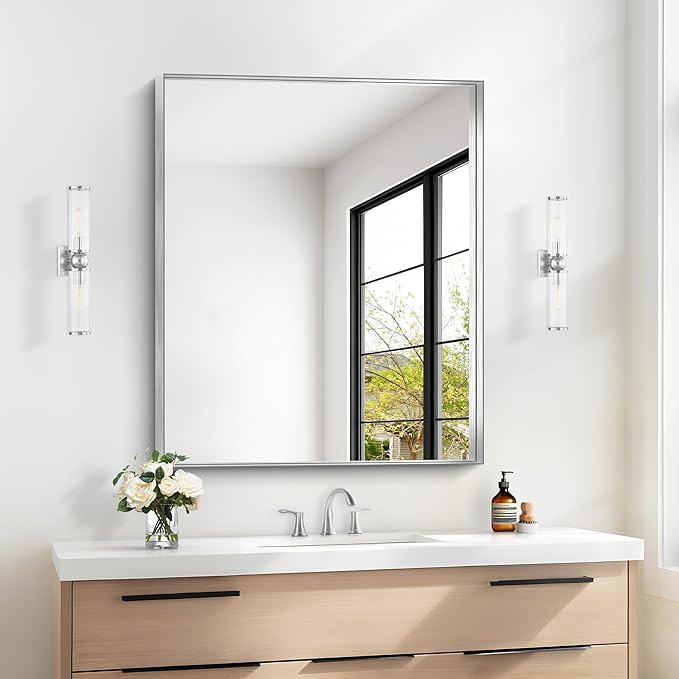 Silver Bathroom Mirror, 30x36 Inch Rectangular Framed Mirror, Large Wall Mounted Bathroom Vanity Mirror Over Sink for Bedroom,Restroom, Living Room, Hangs Vertically or Horizontally