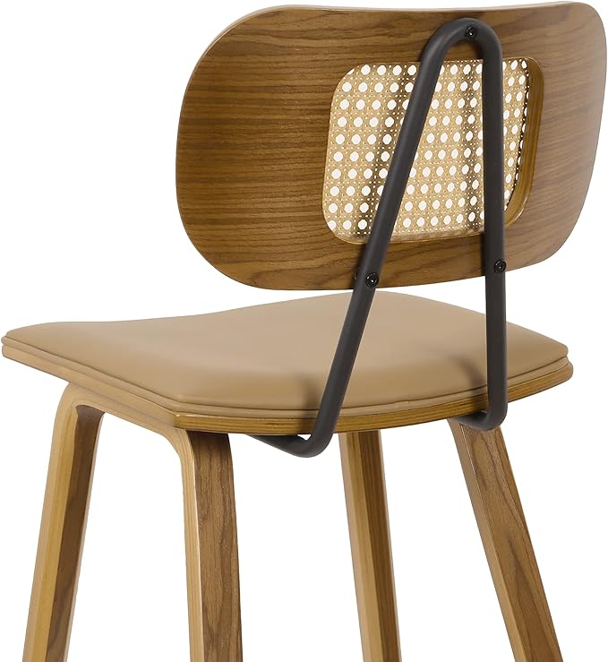 Counter Height Bar Stools Set of 2, Mid Century Modern Counter Stools, 26" Wood Kitchen Stool PU Leather Upholstered Barstool with Rattan Back, Counter Height Island Dining Bar Chair, Brown & Walnut