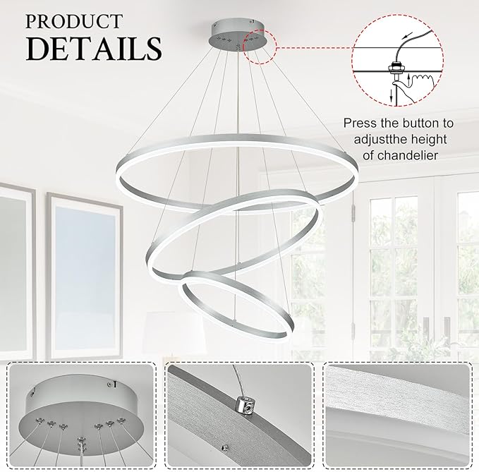 3-Rings Modern LED Chandelier Silver, Dimmable Pendant Lighting with Remote Control Circular Flush Mount High Ceiling Light for Living Room Dining Room Foyer, 3000K-6500K D31.5’’