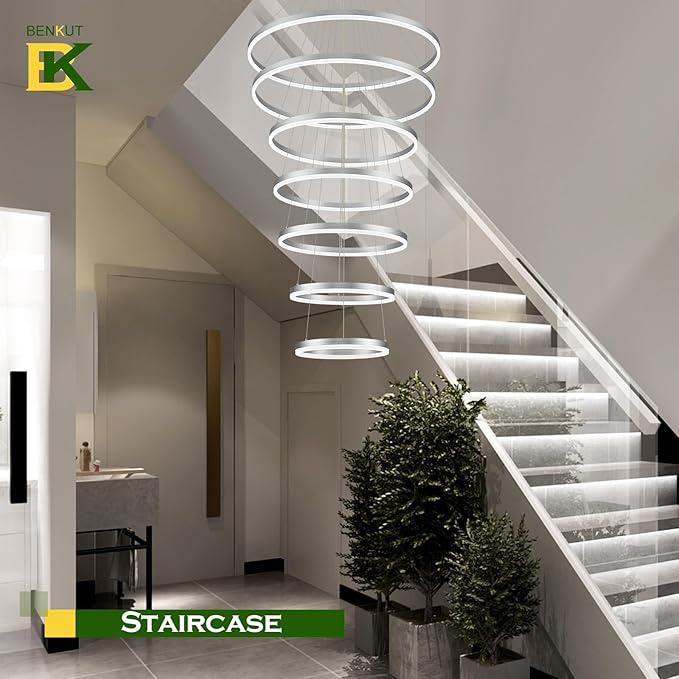 7 Rings Modern LED Chandelier Silver Dimmable Large Foyer Chandeliers Entryway High Ceiling for Staircase, High Ceiling Pendant Lights for Entryway Living Room, 3000K-6500K CCT