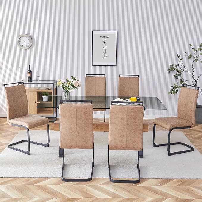 7 Piece Glass Dining Table Set, Kitchen Table Chairs Set for 6, 71'' Dining Table with 0.4" Tempered Glass Tabletop with Plated Metal Legs and MDF Crossbar, 6 PU Chairs for Dining Room, Kitchen.