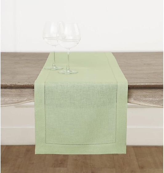 Solino Home Linen Sage Green Table Runner 132 Inches Long - 100% Pure Linen Extra Long Table Runner 14 x 132 Inch for Fall, Autumn, Thanksgiving, Christmas - Classic Hemstitch