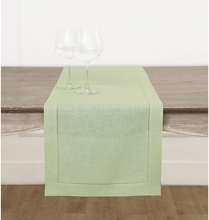 Solino Home Linen Sage Green Table Runner 72 Inches Long - 100% Pure Linen Hemstitch Table Runner 14 x 72 Inch for Dresser, Dining, Fall, Autumn, Halloween, Thanksgiving, Christmas - Classic Hemstitch