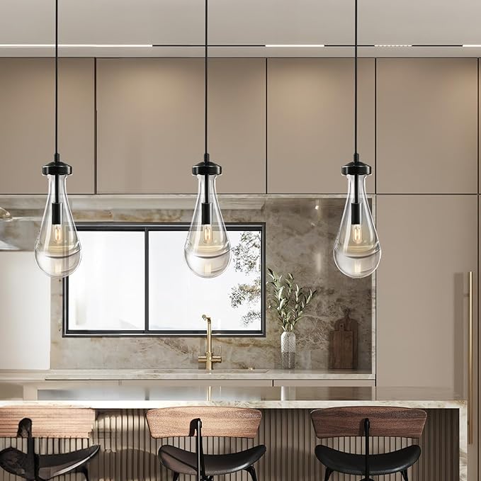 Raindrop Pendant Light Set of Three, Black Pendant Lights Kitchen Island, Pendant Lighting Tear Drops Pendant Light Fixtures, Pendant Light for Kitchen Island Bedroom Bathroom, Included Bulb