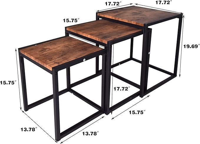 Nesting Table Set of 3 Side Tables, Modern Coffee Table Stacking End Table with Metal Frame，Brown