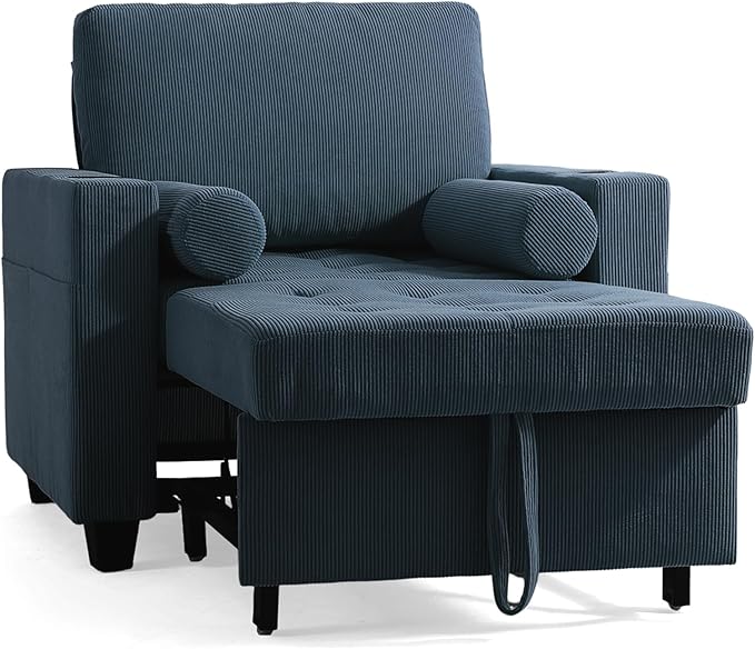 UIXE 3-in-1 Sleeper Sofa Chairs Set of 2, Pull Out Sofa Bed Convertible Reclining Seat Upholstered Armchair, Adjustable Backrest Recliner Chair with Side Pockets, Cup Holder & USB Ports - Navy Blue