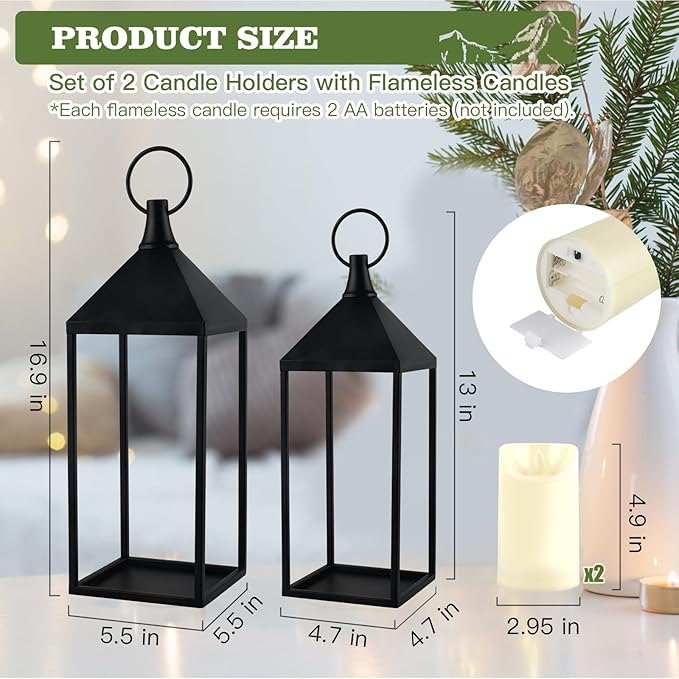 17" 13" Modern Farmhouse Candle Lantern Decor Set of 2 Black Metal Candle Lanterns with Flameless Candles, Lanterns Decorative Indoor for Fireplace Mantle Table Outdoor Lanterns for Patio Porch Garden