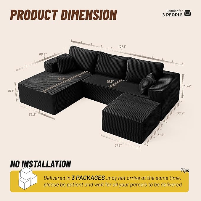 107" Boneless Couch with Deep Seat, Modular Sectional Sofa, Cloud Sectional Couch for Living Room, No Assembly Required, Corduroy, U-Shape 3 Seater Left, Black