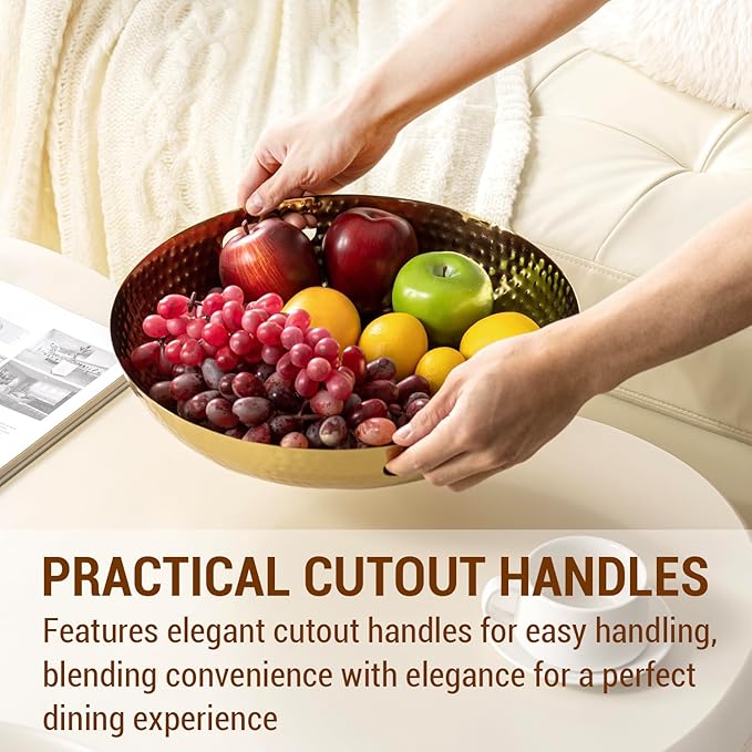 MyGift 14 Inch Deluxe Decorative Dish Tray Centerpiece Base, Brass Tone Plated Hammered Aluminum Fruit Bowl Serving Platter with Cutout Handles - Handcrafted in India