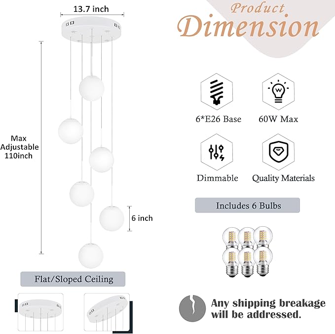 KoKo&Yukina Globe Pendant Light 6 Light White Globe Pendant Lights Kitchen Island Mid Century Light Fixture with Milky White Glass Shade Lights for Staircase