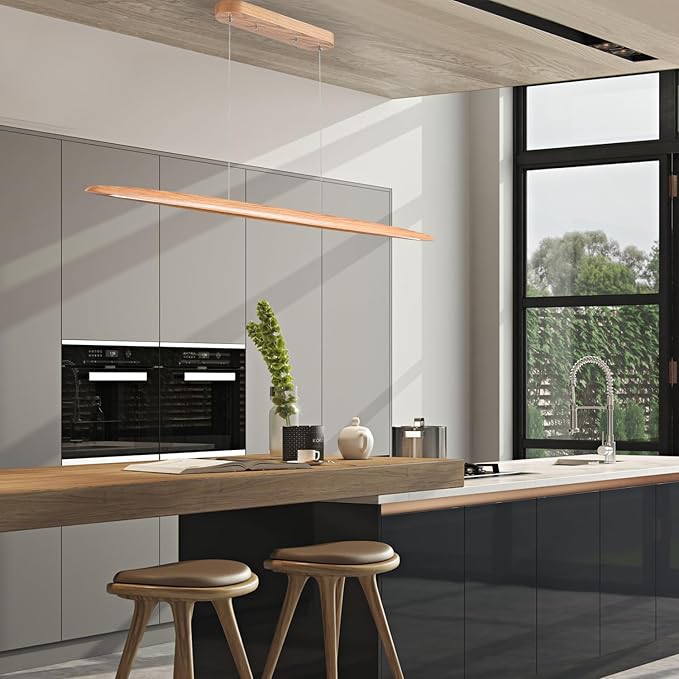 59" 40W Wood LED Linear Pendant Light Fixture Led Dining Room Light Dimmable Hanging Light Fixture for Dining Room Kitchen Island Pool Table Lights Natural Ash