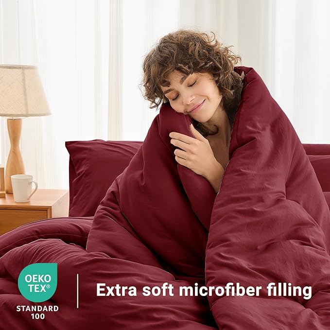 MUXHOMO 7 Pieces Queen Comforter Set, Soft Bed in a Bag Queen Size, All Season Bedding Set with Comforter, Flat Sheet, Fitted Sheet, Pillowcases & Shams, Burgundy Red