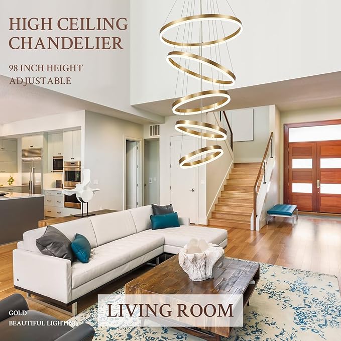 Modern LED Chandelier for Foyer Dimmable Gold High Ceiling Chandeliers Foyer with Remote Control for Entryway Dining Room Living Room Staircase, 3000K-6500K(5-Rings D23.6’’)