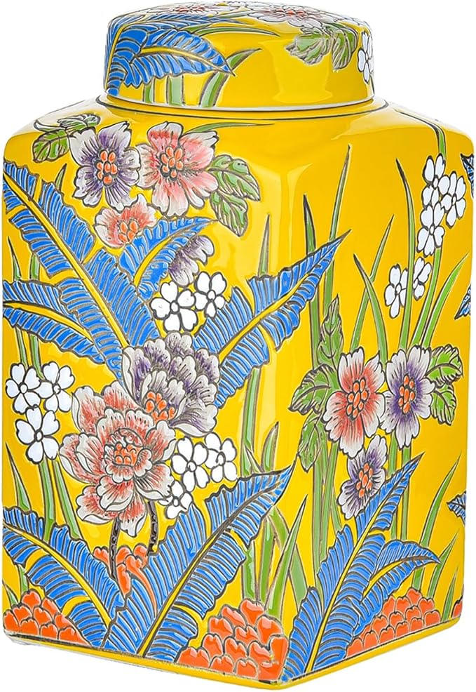 Sungmor Decorative Ceramic Ginger Jar with Lid, Square Ceramic Storage Jar Tea Canister, 8.2" Hand Painted Floral Pattern Porcelain Vase for Table Centerpiece, Yellow Glazed Ginger Jar for Home Decor
