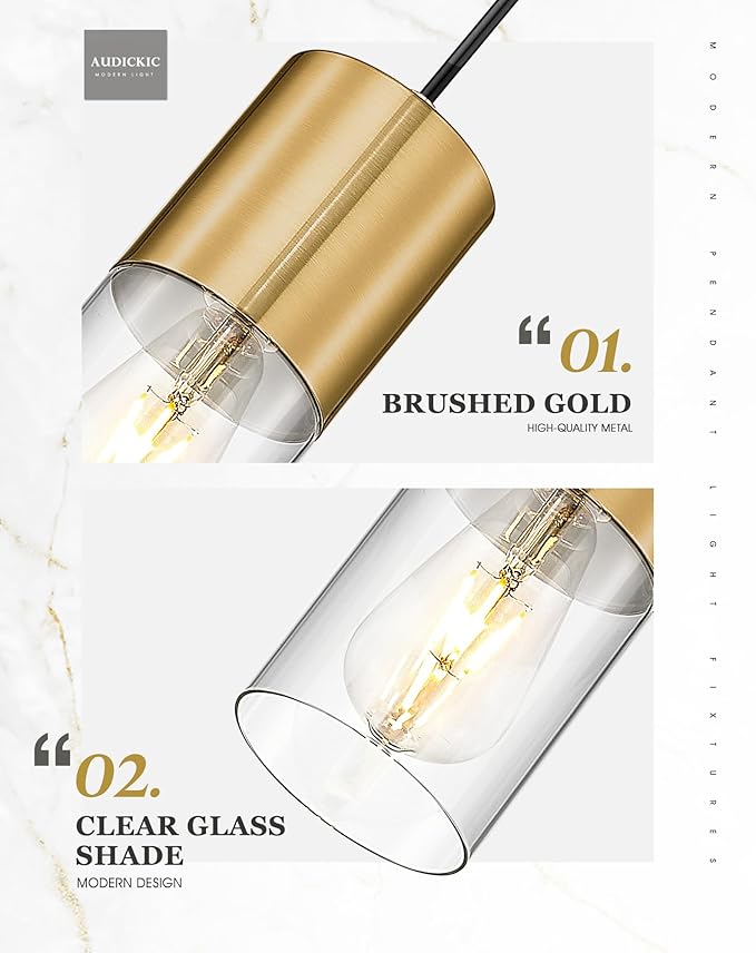 Gold Pendant Lights Kitchen Island, Hanging Lights Fixtures with Cylinder Clear Glass, Modern Brass Kitchen Pendant Lighting Over Island for Dining Room, AD-24023-1P-GD