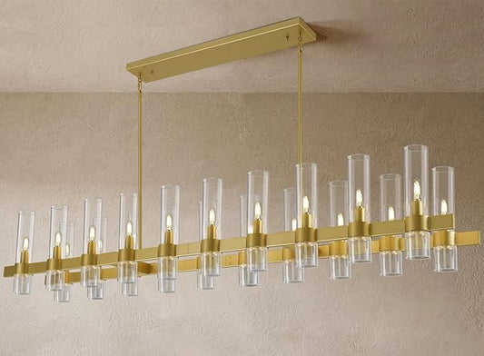 Modern Gold Linear Chandelier for Dining Room, 68'' Rectangular Dining Chandeliers Over Dining Table 20 Light, Linear Chandelier Lighting Fixture with Glass over Kitchen Island, Includes Bulbs