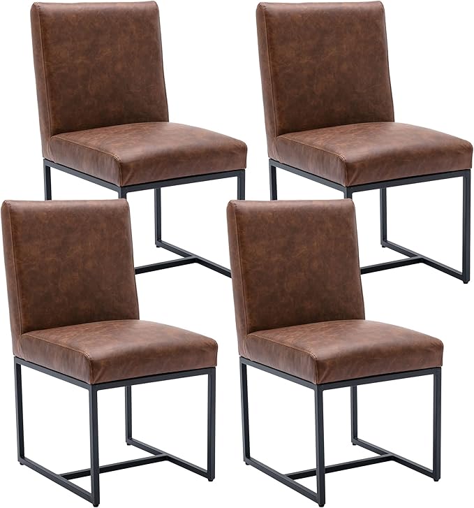 VESCASA Faux Leather Upholstered Dining Chairs with Black Metal Frame, Mid Century Modern Padded Kitchen Chair with Adjustable Foot Pads for Restaurant, Dining Room, Set of 4, Brown