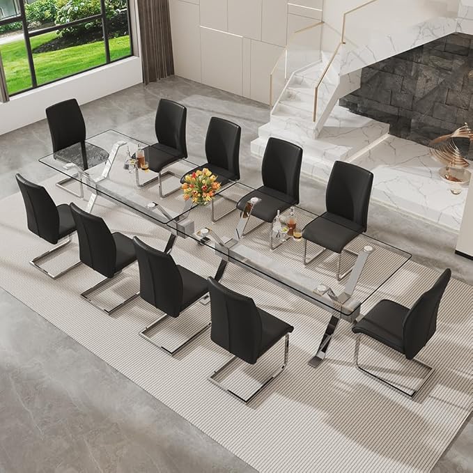 71'' Glass Dining Table Set for 6,7 Piece Dining Table Set with Tempered Glass Tabletop and Open‑Frame X‑Shaped Metal Base,Kitchen Table and Chairs Ideal for Dining Room&Home Office