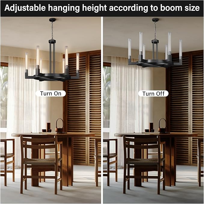 Black 6-Lights Wagon Wheel Chandelier with Glass Tube, 35''Farmhouse Chandeliers Round Luxurious Large Chandelier Fixture Ceiling Pendant Lighting for Dining Living Room, Foyer