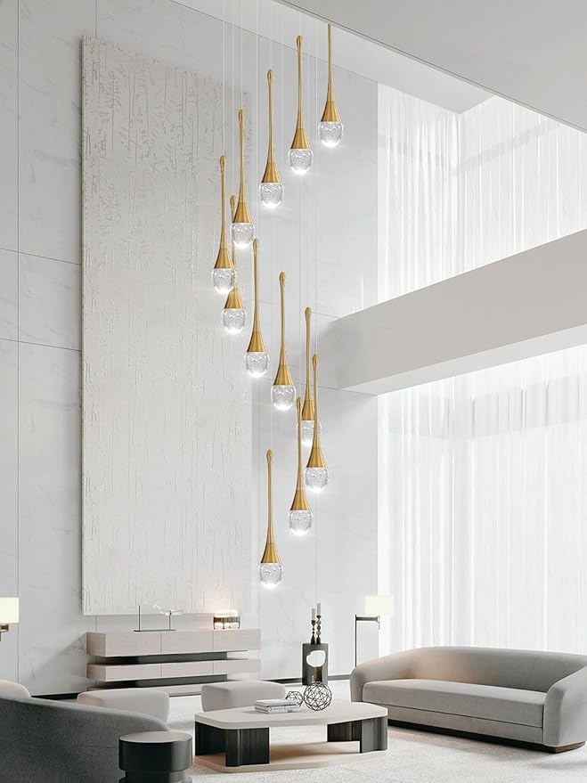 12-Lights Staircase Chandelier Gold Pendant Light Fixture for Sloped High Ceiling Raindrop Chandelier for Living Room Foyer Hallway Villa