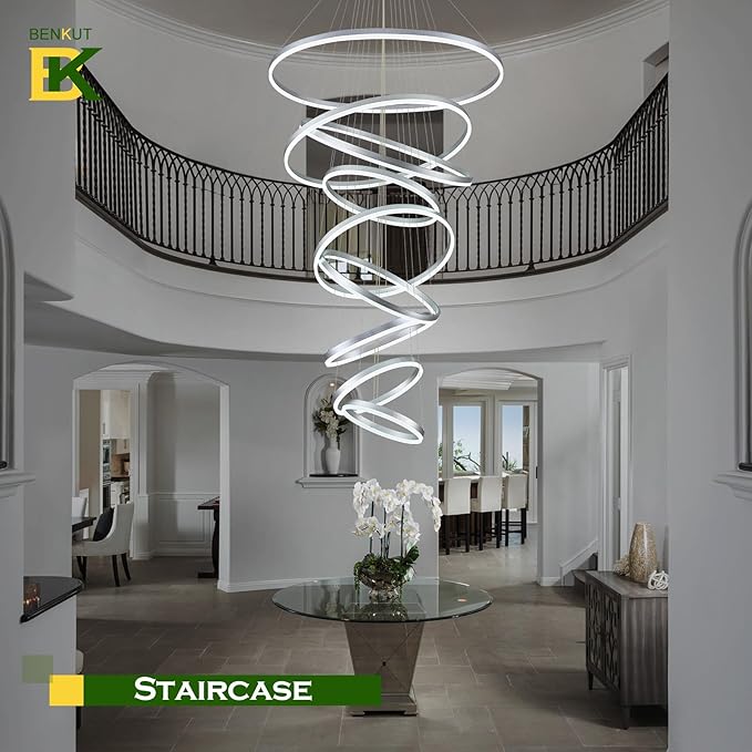 9 Rings Modern LED Chandelier Silver Dimmable Large Foyer Chandeliers Entryway High Ceiling for Staircase, High Ceiling Pendant Lights for Entryway Living Room, 3000K-6500K CCT