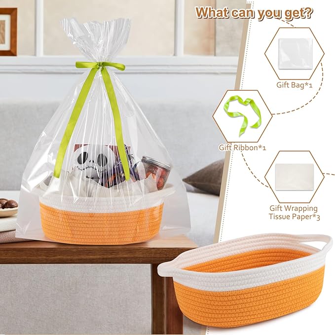 OIAHOMY Gift Basket Empty with Handle, 12"x 8"x 5" Small Woven Basket with Gift Bag, Ribbon and Wrap Tissue Paper, Dog Toy Storage for Organizing - Orange & White